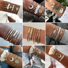 21 Style Women Fashion Moon Leaf Shell Cross Crystal Geometry Bracelet Set Boho Vintage Beach Jewelry Accessories Lover Gifts