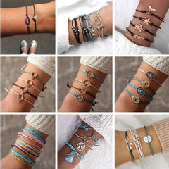 docona Bohemian Colorful Knitting String Rope Bracelet Set for Women Adjustable Compass Mountain Wave Map Peak Bracelet Bangle