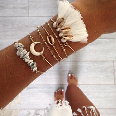 21 Style Women Fashion Moon Leaf Shell Cross Crystal Geometry Bracelet Set Boho Vintage Beach Jewelry Accessories Lover Gifts