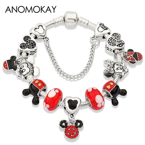 Anomokay Dropshipping Hot Mickey Minnie Silver Color Charm Pan Bracelet Bangle Red Enamel Crystal Fashion Bead Bracelet Gift