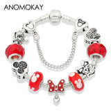 Anomokay Dropshipping Hot Mickey Minnie Silver Color Charm Pan Bracelet Bangle Red Enamel Crystal Fashion Bead Bracelet Gift