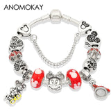 Anomokay Dropshipping Hot Mickey Minnie Silver Color Charm Pan Bracelet Bangle Red Enamel Crystal Fashion Bead Bracelet Gift