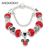 Anomokay Dropshipping Hot Mickey Minnie Silver Color Charm Pan Bracelet Bangle Red Enamel Crystal Fashion Bead Bracelet Gift