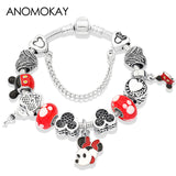 Anomokay Dropshipping Hot Mickey Minnie Silver Color Charm Pan Bracelet Bangle Red Enamel Crystal Fashion Bead Bracelet Gift