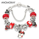Anomokay Dropshipping Hot Mickey Minnie Silver Color Charm Pan Bracelet Bangle Red Enamel Crystal Fashion Bead Bracelet Gift