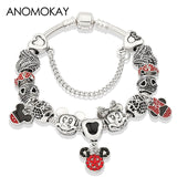Anomokay Dropshipping Hot Mickey Minnie Silver Color Charm Pan Bracelet Bangle Red Enamel Crystal Fashion Bead Bracelet Gift