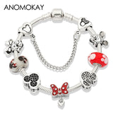 Anomokay Dropshipping Hot Mickey Minnie Silver Color Charm Pan Bracelet Bangle Red Enamel Crystal Fashion Bead Bracelet Gift