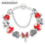 Anomokay Dropshipping Hot Mickey Minnie Silver Color Charm Pan Bracelet Bangle Red Enamel Crystal Fashion Bead Bracelet Gift