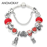 Anomokay Dropshipping Hot Mickey Minnie Silver Color Charm Pan Bracelet Bangle Red Enamel Crystal Fashion Bead Bracelet Gift