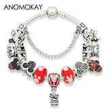 Anomokay Dropshipping Hot Mickey Minnie Silver Color Charm Pan Bracelet Bangle Red Enamel Crystal Fashion Bead Bracelet Gift