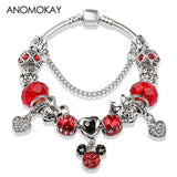 Anomokay Dropshipping Hot Mickey Minnie Silver Color Charm Pan Bracelet Bangle Red Enamel Crystal Fashion Bead Bracelet Gift