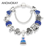 Anomokay Dropshipping Hot Mickey Minnie Silver Color Charm Pan Bracelet Bangle Red Enamel Crystal Fashion Bead Bracelet Gift