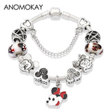 Anomokay Dropshipping Hot Mickey Minnie Silver Color Charm Pan Bracelet Bangle Red Enamel Crystal Fashion Bead Bracelet Gift