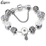 CUTEECO 925 Fashion Silver Charms Bracelet Bangle For Women Crystal Flower Beads Fit Brand Bracelets Jewelry