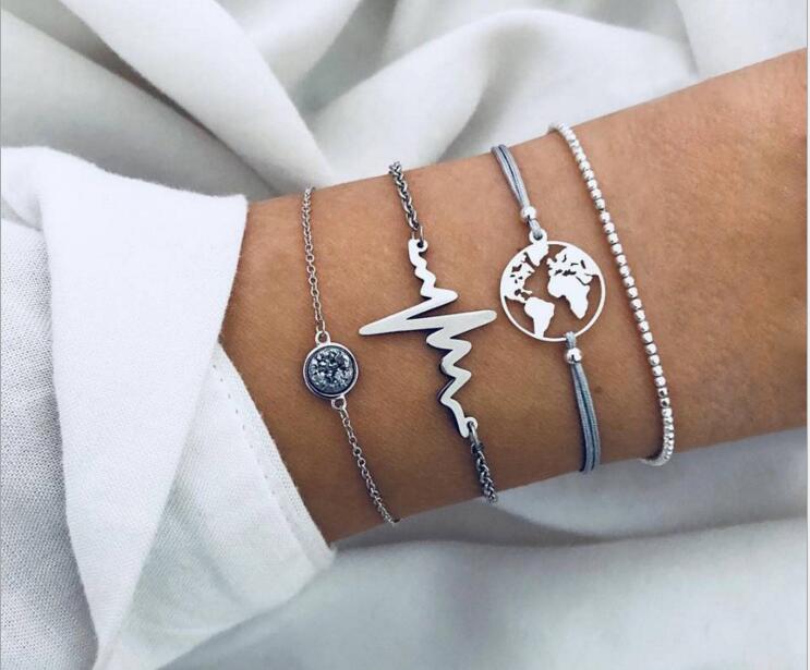 4 Pcs Set Originality lightning Trend Personality World Map Adjustable  Bracelet Opening Bangle Bijoux Jewelry Gift B3057